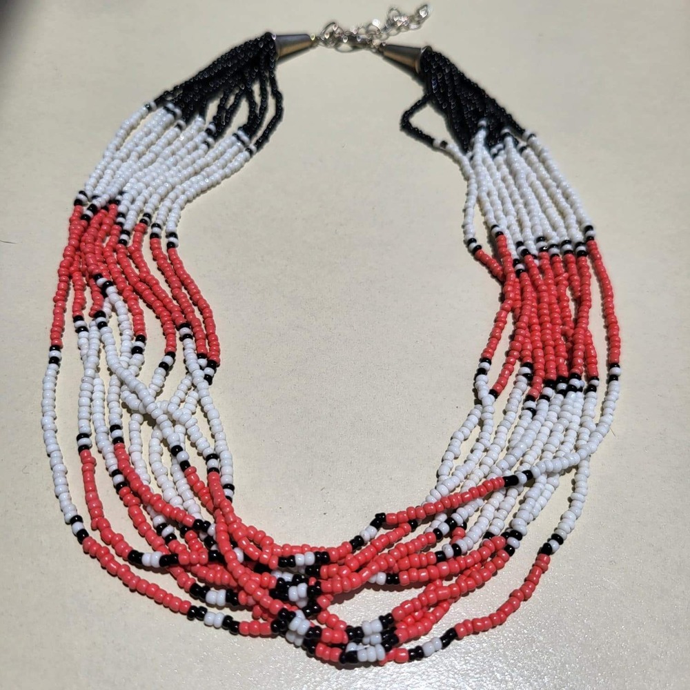 Vintage Glass Seed Bead Multistrand Necklace Red White Black Southwestern